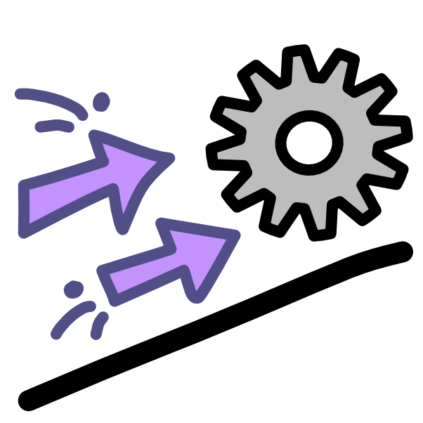 A diagonal black line has a gear above it. The gear is grey and sits at the top of the line. To the left of the gear are 2 purple arrows pointing up at it parallel to the black line. Emphasis lines trail from the base of one arrow, and come from the corner of another. The arrows are purple and the image has dark line art.